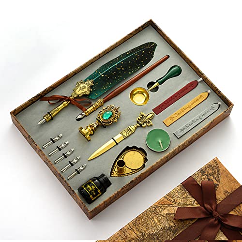 Joyeee Antique Feather Pen Set, with Craft Decoration Pen, Wood Dip Pen, Metal Spoon, Wax Seal Sticks, Ink, Candle, Pen Nibs, Pen Nib Holder, Wax Seal Kit for Wedding Invitation Card #88 - color: #88 Green
