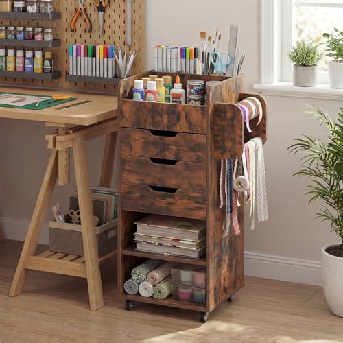 Giantex Craft Storage Cart - Utility Organizer Cart with 3 Drawers, 3 Shelves, 3 Slotted Compartments, 2 Rolling Rods, Crafting Sewing Cabinet on Wheels for Wrapping Paper Scrapbook Ribbon - color: Rustic Brown