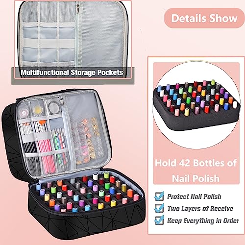 FCQQYWZ Nail Polish Organizer Case - Holds 42+ Bottles (15ml/0.5 fl.oz) and 1 Nail Lamp, Upgraded Double-layer Nail Polish Carrying Case Nail Storage Bag with Handles (Black) - color: Black-42Bottles