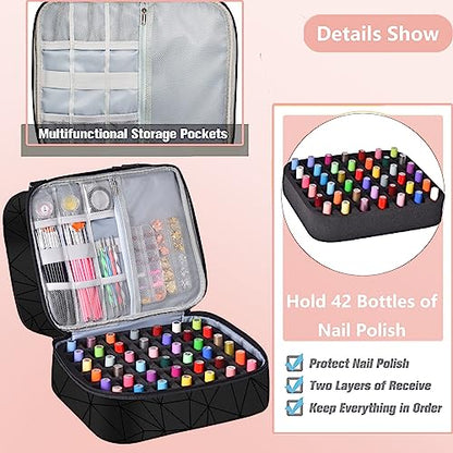FCQQYWZ Nail Polish Organizer Case - Holds 42+ Bottles (15ml/0.5 fl.oz) and 1 Nail Lamp, Upgraded Double-layer Nail Polish Carrying Case Nail Storage Bag with Handles (Black) - color: Black-42Bottles