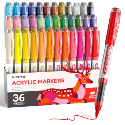 Nicpro Acrylic Paint Markers Set, 36 Colors Paint Markers Brush Tip | Smooth Flow, Water-Based Markers No-Bleed, Waterproof Paint Pens for Wood, Glass, Metal, Arts & Crafts Gift- School Supplies - size: 1 Count (Pack of 36)