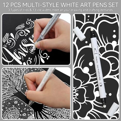 PANDAFLY 12 Pack White Pens Set, White Gel Pens, Dual-Tip Acrylic Paint Pen | Opaque Brush Tip Acrylic Markers for Black Paper Drawing, Sketching, Illustration & Card Making, Bullet Journaling