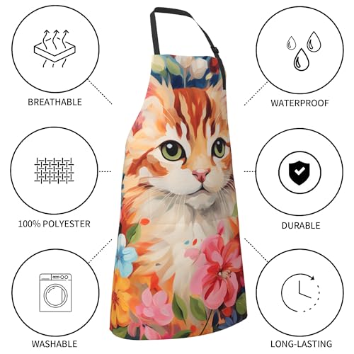 Art Apron with Pocket for Women Men | Kitchen Aprons Chef Apron for Cooking Baking BBQ Painting Gardening - color: Cat With Colorful Flowers