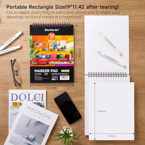 Shuttle Art Marker Pad, 70 Sheets, Spiral-Bound, 12”x9”, 110LB/180GSM Paper | Portable Sketchbook, Smooth Surface, Alcohol Markers Bleedproof Art Paper Great for Artists to Draw, Paint & Sketch - size: 12x9 inch