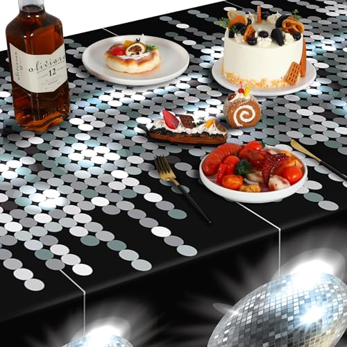 Kochorie 2 Pcs Plastic Disco Tablecloths, Silver Glitter Metallic Table Cover, Disposable Las Vegas Party Tablecover, Sparkle Table Runner for Birthday 70s Party Decorations, 108 x 54 Inch - style: Disco