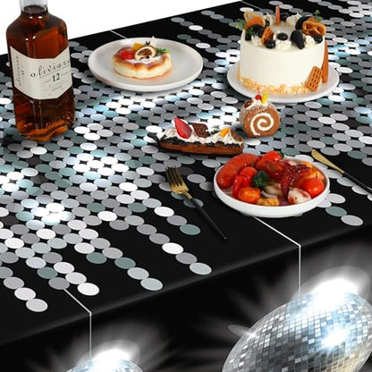 Kochorie 2 Pcs Plastic Disco Tablecloths, Silver Glitter Metallic Table Cover, Disposable Las Vegas Party Tablecover, Sparkle Table Runner for Birthday 70s Party Decorations, 108 x 54 Inch - style: Disco