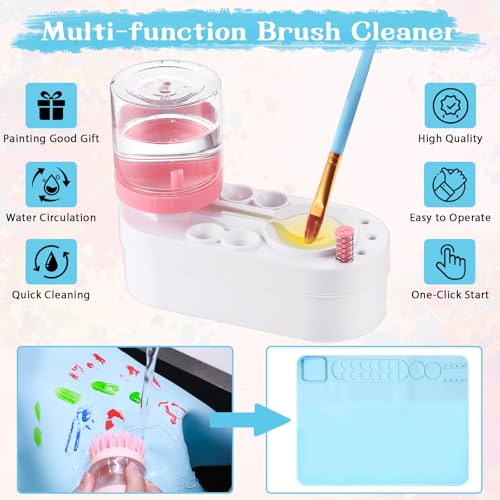 Painting Station Paint Brush Cleaner 20"X16" Silicone Paintings Mat with Cup and Paint Holder 10 Paintings Brushes Children's Painting Set Art Supplies for Kid School Gifts DIY Crafts (Blue Pink) - color: Blue Pink