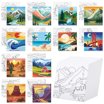 Anseal 12 Packs Pre Drawn Canvas to Paint, 4" X 4" Landscape Pre-Printed Canvas Paint Party for Adult, Stretched Outline Painting Boards for Beginners, Party Favor - style: Landscape