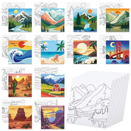 Anseal 12 Packs Pre Drawn Canvas to Paint, 4" X 4" Landscape Pre-Printed Canvas Paint Party for Adult, Stretched Outline Painting Boards for Beginners, Party Favor - style: Landscape