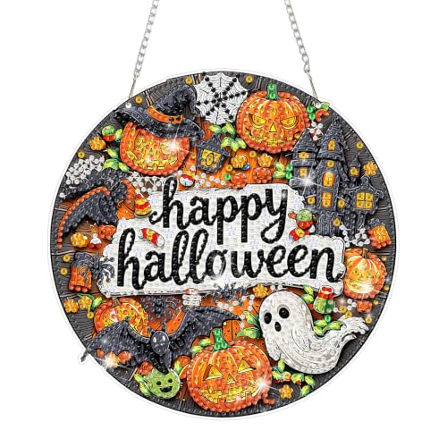 MAXBYE Diamond Art Kits Hanging Happy Halloween, DIY 5D Special Shaped Diamond Painting Halloween Craft Gem Art Rhinestone for Adults and Home Window Door Decor 8×8 Inch - color: XSL066
