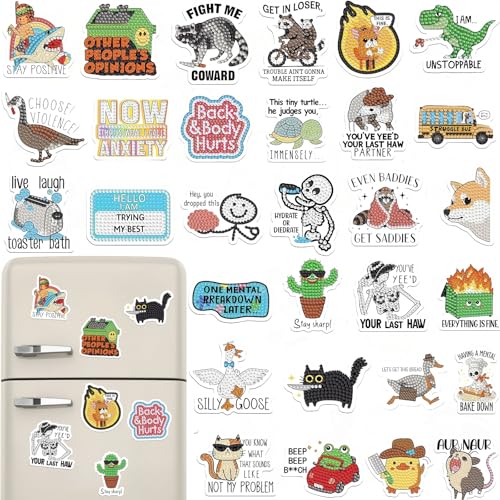 30 Pcs Funny Diamond Painting Magnets Kits Diamond Art Fridge Magnet Refrigerator Sticker Diamond Painting kit for Beginners Adults DIY Art Craft Gifts Home Decors - color: 30pcs Funny