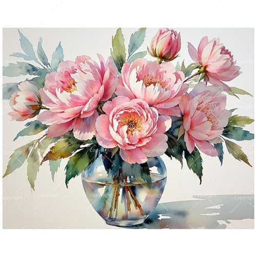 Peony Bloom Paint by Numbers Kit for Adults - DIY Pink Flowers in Glass Vase and Petals Falling Painting on Canvas 8x12In, Framed Acrylic Paint Set for Beginners, Art for Home Decoration Gift - color: FM03921, size: 8×12in Framed
