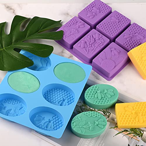 Sakolla 2 Pack 6 Cavity Bee Silicone Soap Molds Rectangle Oval Honeycomb Silicone Molds Loaf Handmade Molds for Soap Making Supplies DIY Wax Melts, Beeswax, Cake Chocolate Bakeware - color: Honeycomb/Purple & Blue