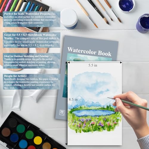 Fuxi Small Watercolor Sketchbook, 2-Pack - 5.5" x 8.5" | 140lb/300gsm Cold Press Watercolor Paper, 30 Sheets Per Pad. - color: Mist Blue