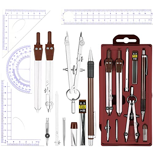 Outus 13 Pcs Geometry Set for Students Metal Compass Math Protractor | Rulers Mechanical Pencil Lead Refills Storage Box Protractors Kit for School Class Student Drafting Drawing - color: Brown
