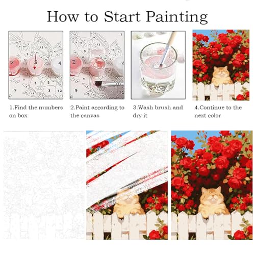 ZRIZQ Paint by Numbers Kit for Adults Beginner Animal,Cat Rose,16x20 | Full set with wooden brushes,rolled canvas,rich paints.Calming activity.Beginner friendly.Just open and paint. - color: 16"X20"Rolled Canvas(Frameless)-Cat 13