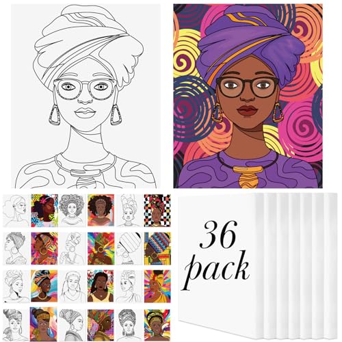 Harloon 36 Pcs 8 x 10 Inch Pre Drawn Canvas for Painting Afro Queen Pre Stretched Canvas Painting for Adults Outline for Sip and Paint Party Supplies Favor - style: Afro Queen