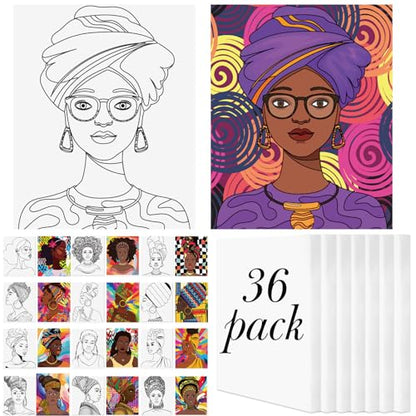 Harloon 36 Pcs 8 x 10 Inch Pre Drawn Canvas for Painting Afro Queen Pre Stretched Canvas Painting for Adults Outline for Sip and Paint Party Supplies Favor - style: Afro Queen