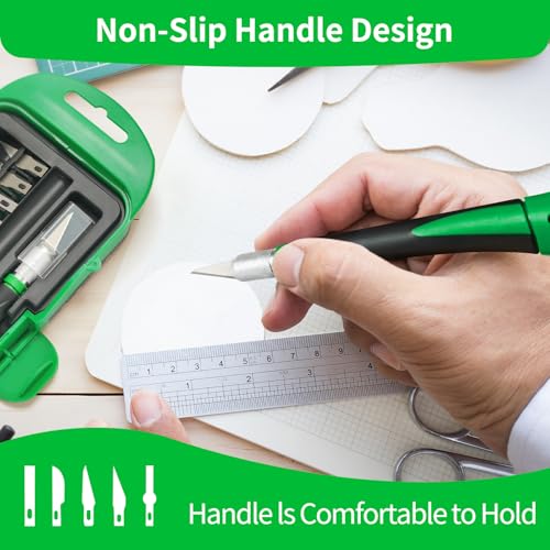 Precision Craft Knife Set with 15 Replacement Blades - Ergonomic Non-Slip Handle Hobby and Exacto Knife Set with Protective Cover for Art, Scrapbooking, Architecture Modeling, Stenciling (Green) - color: Green