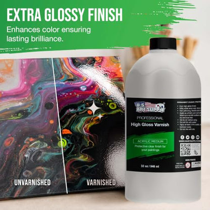 U.S. Art Supply 32 oz High Gloss Varnish for Acrylic Paintings - Clear Protective Finish with UV Protection - size: 32-ounces