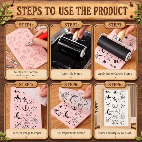 Qeeenar 97 Pcs Linocut Kit for Printmaking, Stamp Making Starter Set with 12 Soft Pink Rubber Carving Blocks Lino Cutter Tools Brayer Roller Black Ink & Metal Tray, DIY Arts Crafts Gift for Beginners