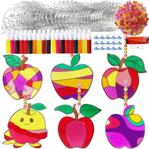 30 Set Apple Suncatcher Craft Kits, Blank Back to School Sun Catcher Art | DIY Window Paint Art Sets for First Day of School Supplies Home Party Activities Art Project - style: Apple