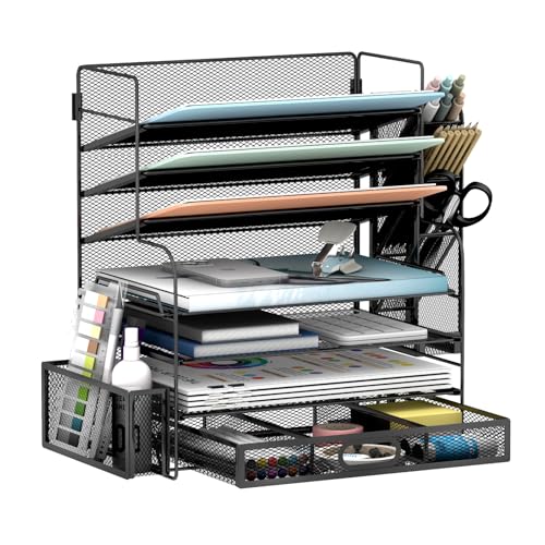7 Tier Desk File Organizer Office storage Desk Accessories, Desktop Organizer for Office Supplies with Drawer and 2 Pen Holders (Black)