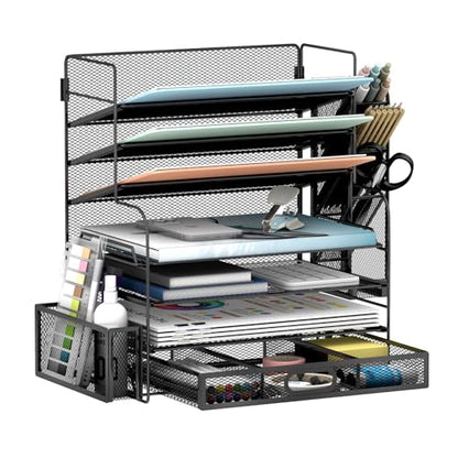 7 Tier Desk File Organizer Office storage Desk Accessories, Desktop Organizer for Office Supplies with Drawer and 2 Pen Holders (Black)