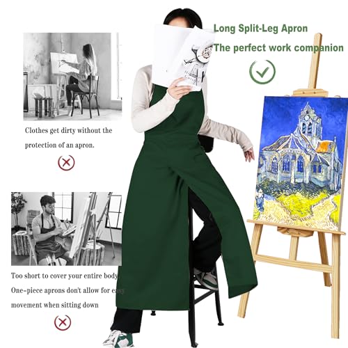 Pottery Split-Leg Make Ceramic Apron, Long Split-Leg Artist Painting Apron with 3 Pockets for Men and Women - color: Dark Green