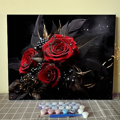 Exquisite Red Roses Paint by Numbers for Adults and Beginner Black Gold Color DIY Painting by Number for Adults and Beginner with Brushes and Acrylic Pigment Dark Style Without Frame 16x20inch - color: Artwork-03, size: 16''x20''(Frameless)