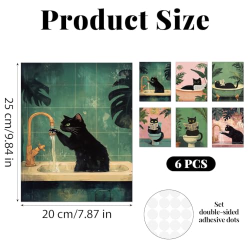 Dazoratix Funny Cat Bathroom Poster, 6 Pcs, Black | Whimsical Cute Animal Wall Art Decor Painting, Aesthetic Maximalist Quirky Toilet Prints - color: Funny Cat Bathroom