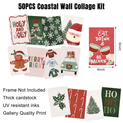 FYSUIMU 50Pcs Christmas Boho Wall Collage Kit Red-Green Xmas Aesthetic Minimalist Wall Pictures for Bedroom Dorm Living Room Winter Holiday Home Decor, 4 x 6 Inch