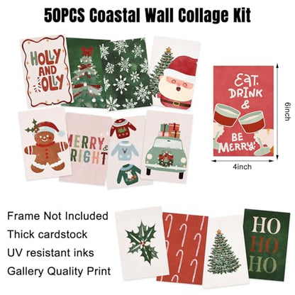 FYSUIMU 50Pcs Christmas Boho Wall Collage Kit Red-Green Xmas Aesthetic Minimalist Wall Pictures for Bedroom Dorm Living Room Winter Holiday Home Decor, 4 x 6 Inch