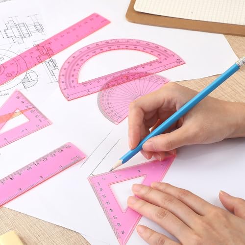 Zonon 7‑Piece Geometry Set with Drawing Compass, 6 & 4 Inch Protractors, Triangle Rulers and Straight Rulers, Transparent Math Drafting Supplies for Back to School, Students and Office Use(Pink) - color: Pink