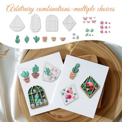 ORIGACH 14 Pcs Terrariums and Cactus Polymer Clay Cutters Set | Flower House Design Clay Cutters for Polymer Clay Jewelry Earrings with a Clear Storage Box - style: Terrariums & Cactus