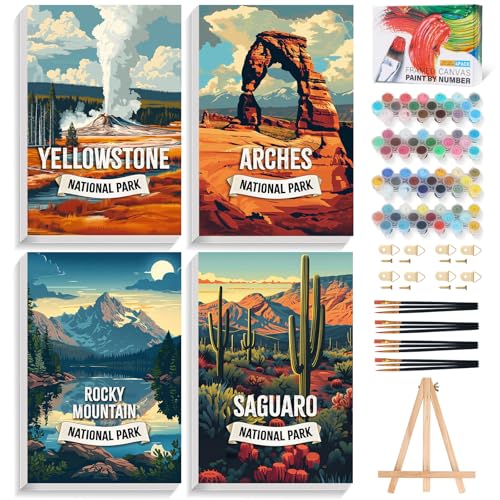 4 Pack Framed Paint by Numbers Kit for Adults with Wooden Easel 8x12 Inch | National Park, With Frame Canvas, For Adults Beginner, DIY Acrylic Painting, Stress Relief Craft Kits, Home Wall Decor Gift - color: FOP4P-12