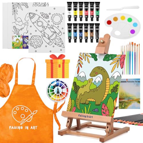 Kids Tabletop Easel Set, Portable Art Easel Painting Kits | 52 Pcs Wooden Easel for Painting Canvases, Including 12 Colors Acrylic Paints, 10 Paintbrushes and 4 Canvas Panels, Yellow - color: Yellow