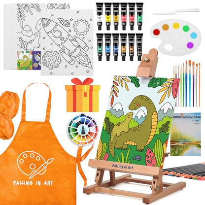 Kids Tabletop Easel Set, Portable Art Easel Painting Kits | 52 Pcs Wooden Easel for Painting Canvases, Including 12 Colors Acrylic Paints, 10 Paintbrushes and 4 Canvas Panels, Yellow - color: Yellow