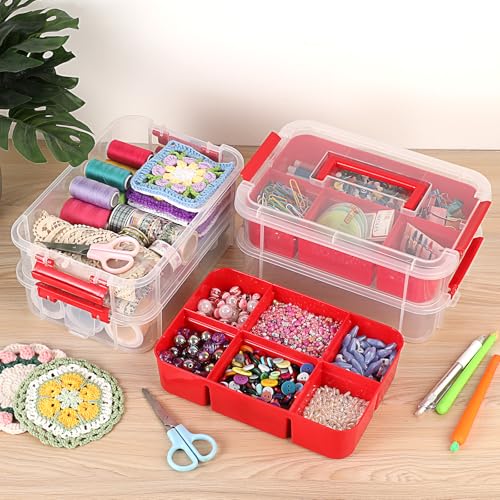 JUXYES 4-Tiers Plastic Stack Carry Storage Containers Box wih Handle Lids - color: Red