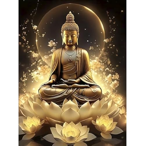 Golden Lotus Diamond Art Kits for Adults, Lotus 5D Diamond Painting DIY Golden Buddha Diamond Art Diamond Painting Kits for Adult,Round Full Drill Diamonds, Diamond Art Kits for Home Decor 12x16inch - color: 25-42 Golden Buddha