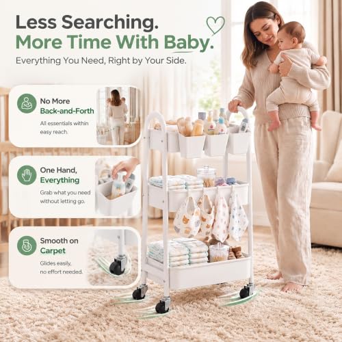 3 Tier Rolling Cart Metal with Wheels, Heavy Duty White Three Tiered Craft Cart Organizer on Wheels, Utility Roller Storage Carts for Art, Baby Nursery, Diaper Caddy, Snack,Book,Nail,Cleaning Supplies - color: Pure White