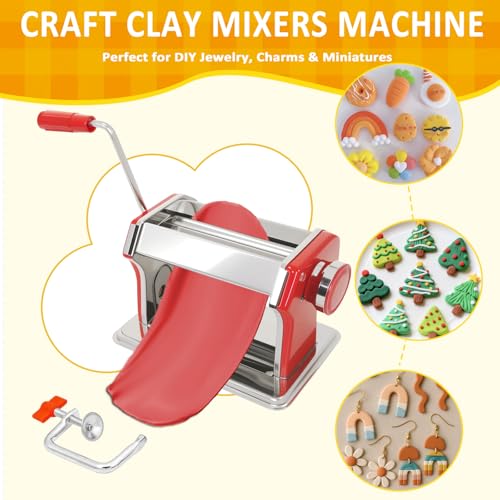 Polymer Clay Press Machine, Clay Conditioning Roller, 6 Thickness Settings | 40 PCS Cutters & Molds, Stainless Steel Clay Mixer, Non-Stick Pasta Roller for Handmade Jewelry, Sculpting & DIY Crafts - color: Red Clay Press