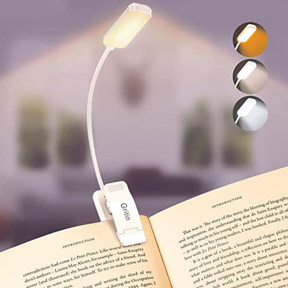 Gritin 9 LED Rechargeable Book Light for Reading in Bed | Eye Caring 3 Color Temps,Stepless Dimming Brightness,80 Hrs Runtime Small Lightweight Clip On Book Reading Light-‎White - color: ‎White