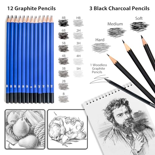 Smilo 76-Piece Art Supplies Sketching Kit with Sketchbook and Travel Case | Graphite Charcoal Watercolor Metallic and Woodless Pencils, Art Knife, Sandpaper Block, Drawing Set for Adults and Beginners - style: 76pcs Art Supplies