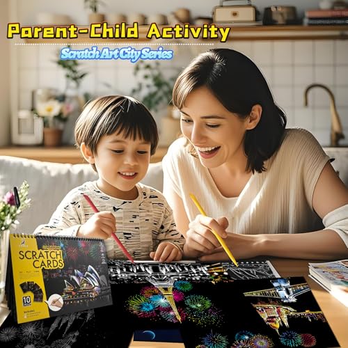 DESINIK Scratch Art Book for Adults and Teens-Rainbow Scratch Painting Art Kit, DIY Craft Kit with 1 Rainbow Scratch Art Book and 4 Tools, Landmark City Series - color: Landmark City Series