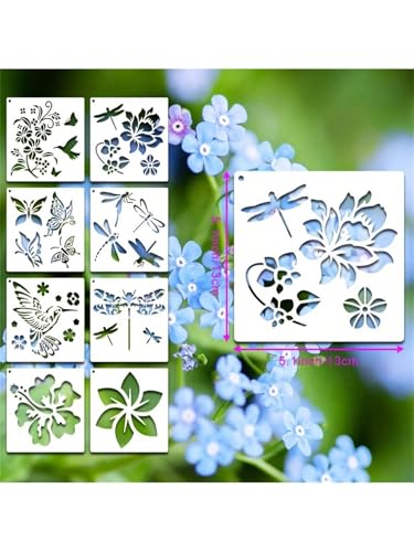 Painting Stencils, 16-Piece Reusable Plastic Templates, Butterfly, Hummingbird, Dragonfly, Bee and Floral Designs, 5.1 x 5.1 Inch - color: White