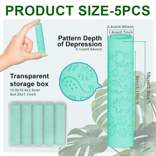 ACRNIGHEET 5 Pcs Polymer Clay Texture Roller, Dinosaur Themed Embossing Rollers Pottery Stamp, Like Texture Sheets Work with Polymer Clay Cutters, Clays Jewelry Making Kit with Storage Box - color: Dinosaur