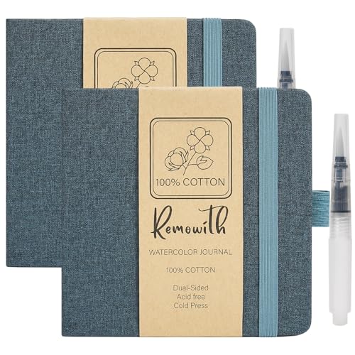 Watercolor Journal Sketchbook 2 Pack 5.5x5.5 Navy Blue | Cotton paper, 24 Sheets each, 140 LB 300 GSM, Linen cover, Tap Water Pen - color: Navy Blue, size: 5.5x 5.5 Inch 2 Pack