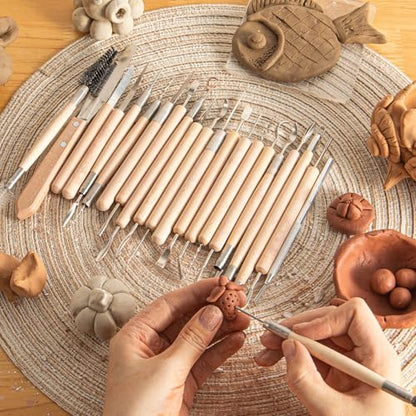 22PCS Wooden Pottery Sculpting Tools, Wood Clay Cleaning Tool Set, Ceramic Modeling Tool for Carving, Molding, Cutting, Trimming, Pottery Wheel, Crafting Supplies, Beginners, Adults, Students - color: Wood-22PCS
