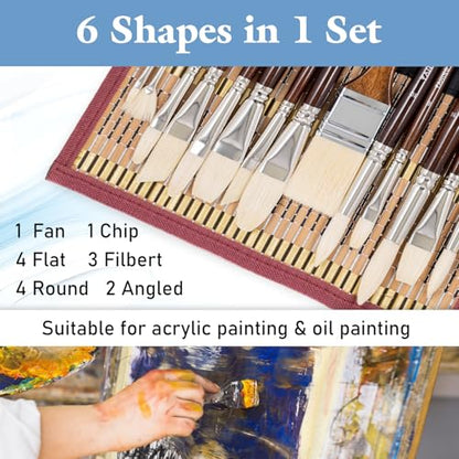 Falling in Art 15 Pcs Professional Oil Paint Brush Set, Natural Hog Bristle - color: Brown